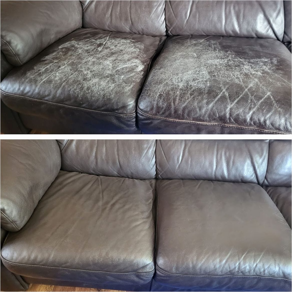 Cracked brown leather sofa seats shown before and after restoration